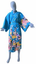 One size fits all / Ladies' Japanese Robe -yuzen- Tq blue, Cotton, 45in - SPECIAL DISCOUNT