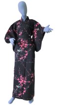 Small / Ladies' Japanese Kimono Robe -ume uguisu- Black, Cotton - SPECIAL DISCOUNT