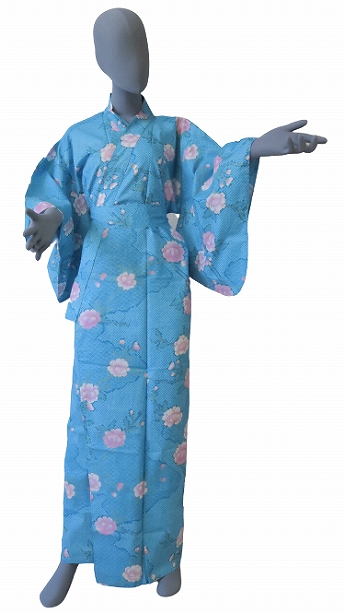 Ladies' Japanese Yukata -sakura komon- Tq blue, Cotton, Small / -sakura- on Cloud pattern Ladies' Japanese Yukata -sakura komon- Tq blue, Cotton, Small / -sakura- on Cloud pattern